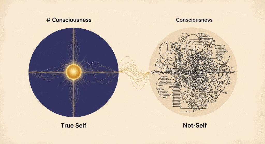 A diagram explaining the nature of consciousness, contrasting the unified "True Self" with the chaotic, programmatic "Not-Self."