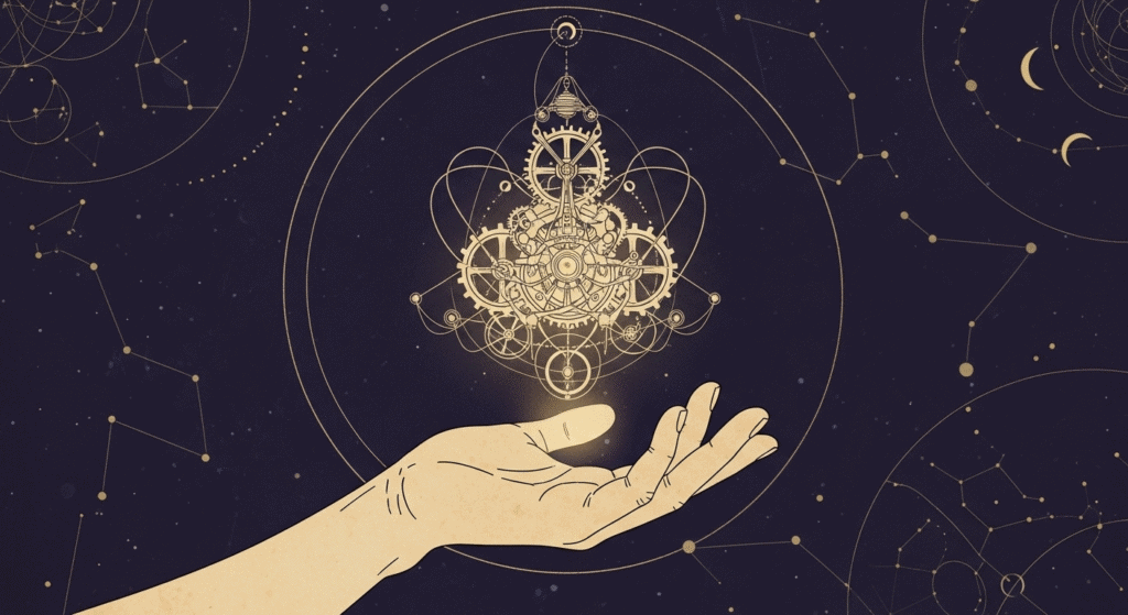 An artistic representation of the human mind, showing the complex, clockwork-like nature of consciousness and thought.