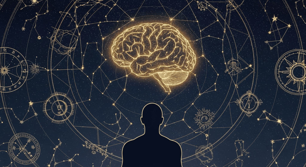 A conceptual image answering "what is meditation" by showing a brain constellation.