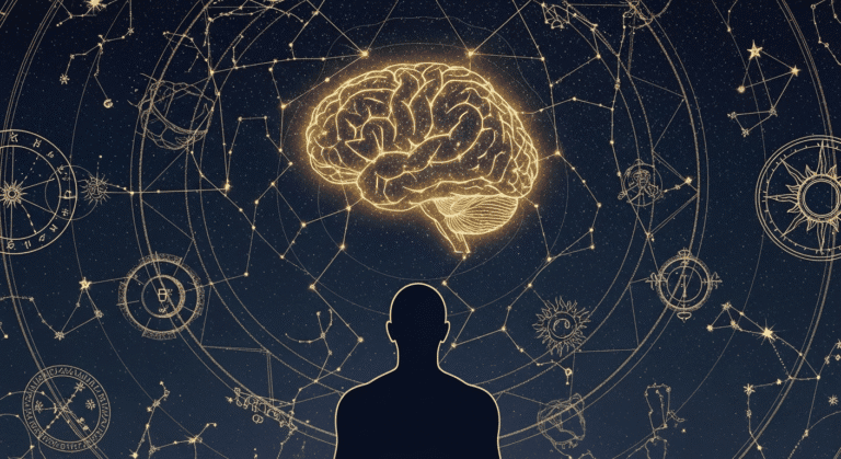 A conceptual image answering "what is meditation" by showing a brain constellation.