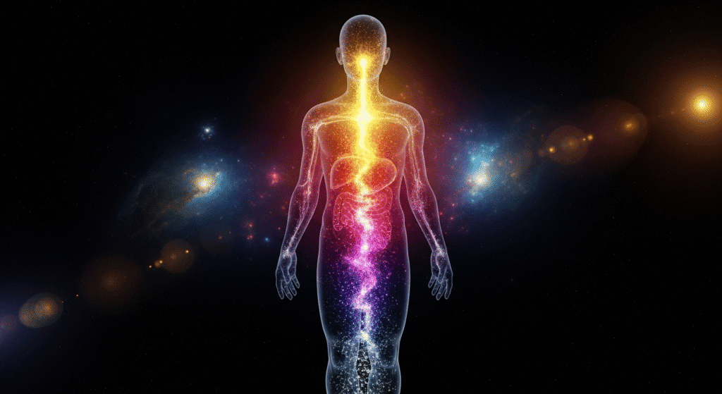 A translucent human silhouette revealing the constant flow of glowing cells and atoms, illustrating the biological self as a continuous process of material replacement.