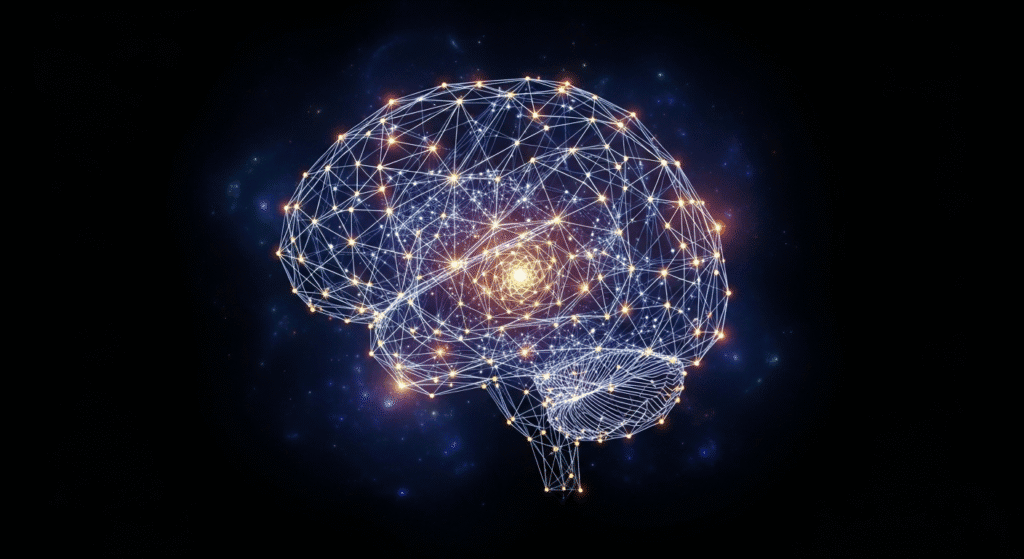 An intricate, glowing geometric blueprint of consciousness, visually representing the author's concept of the 'Axiom of Self'—the idea that identity is a persistent pattern of information.