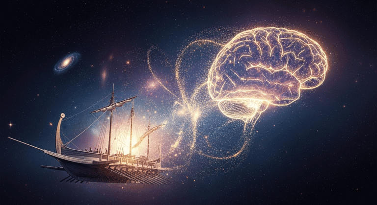 The Ship of Theseus dissolving and reforming as a glowing human brain, a philosophical visual for the inquiry into the self and identity.