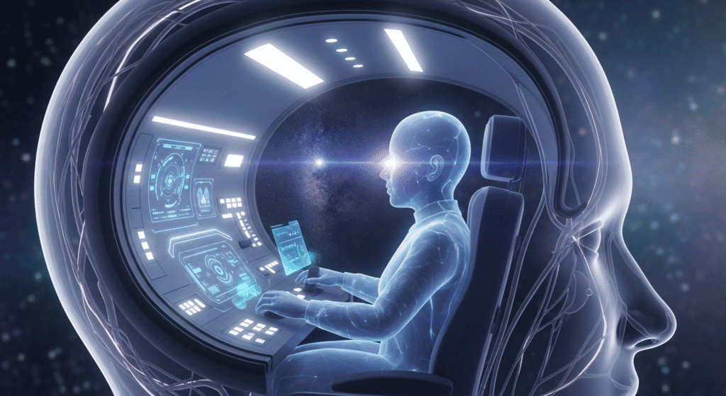 Illustration of the True Self as a calm pilot (CEO) inside the cockpit of the mind, symbolizing rational control.