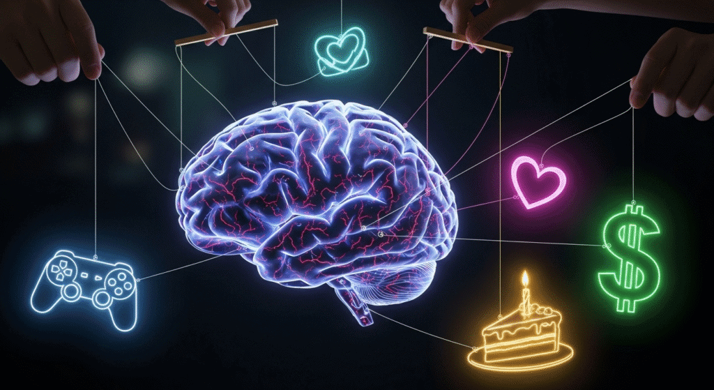 A glowing, anatomical brain being pulled in multiple directions by puppet strings held by unseen hands.