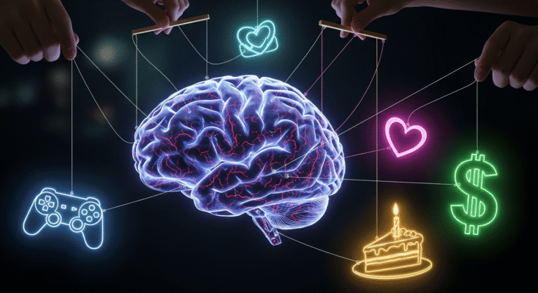 A glowing, anatomical brain being pulled in multiple directions by puppet strings held by unseen hands.