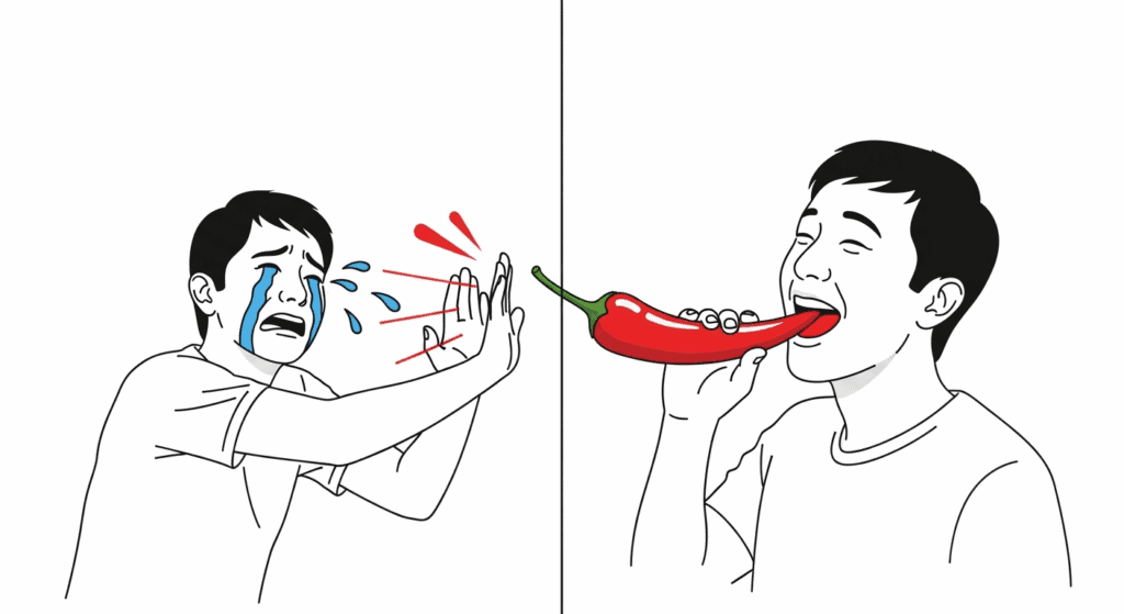 Split-screen illustration depicting the subjectivity of pain: a red chili pepper in the center triggers a reaction of suffering and rejection on the left, but pleasure and enjoyment on the right.