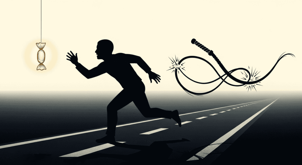 Illustration of a human silhouette running endlessly on a dark road, being driven by a cracking whip representing pain and lured by a dangling golden candy representing desire.
