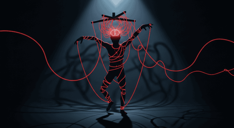 A conceptual illustration of a glowing human silhouette being manipulated like a marionette puppet by neon-red neural wires, symbolizing the True Self being controlled by the Mind System's algorithms.