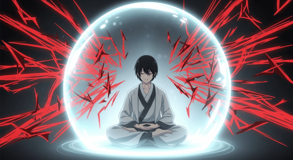 Anime illustration of a meditating figure protected by a blue energy shield that blocks out chaotic noise, representing the stabilizing effect of medication and mindfulness.