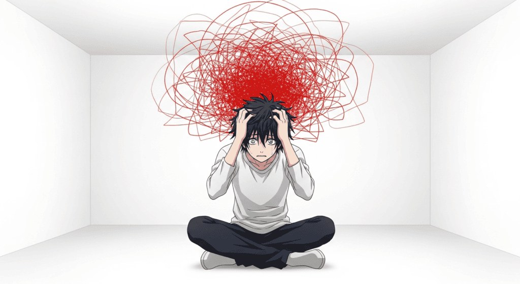 Anime illustration of a restless person in a quiet room, surrounded by chaotic red scribbles representing the internal noise and entropy of an ADHD brain during boredom.