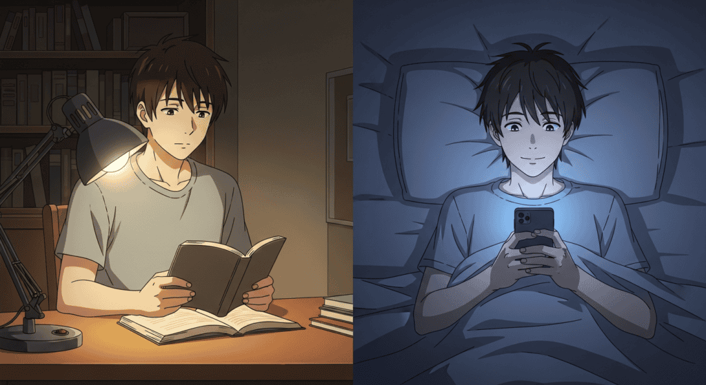 Split-screen anime illustration contrasting two types of focus in ADHD: Left side shows calm, active focus while reading (True Self driven); Right side shows relaxed, passive focus while scrolling a phone (Mind System driven).